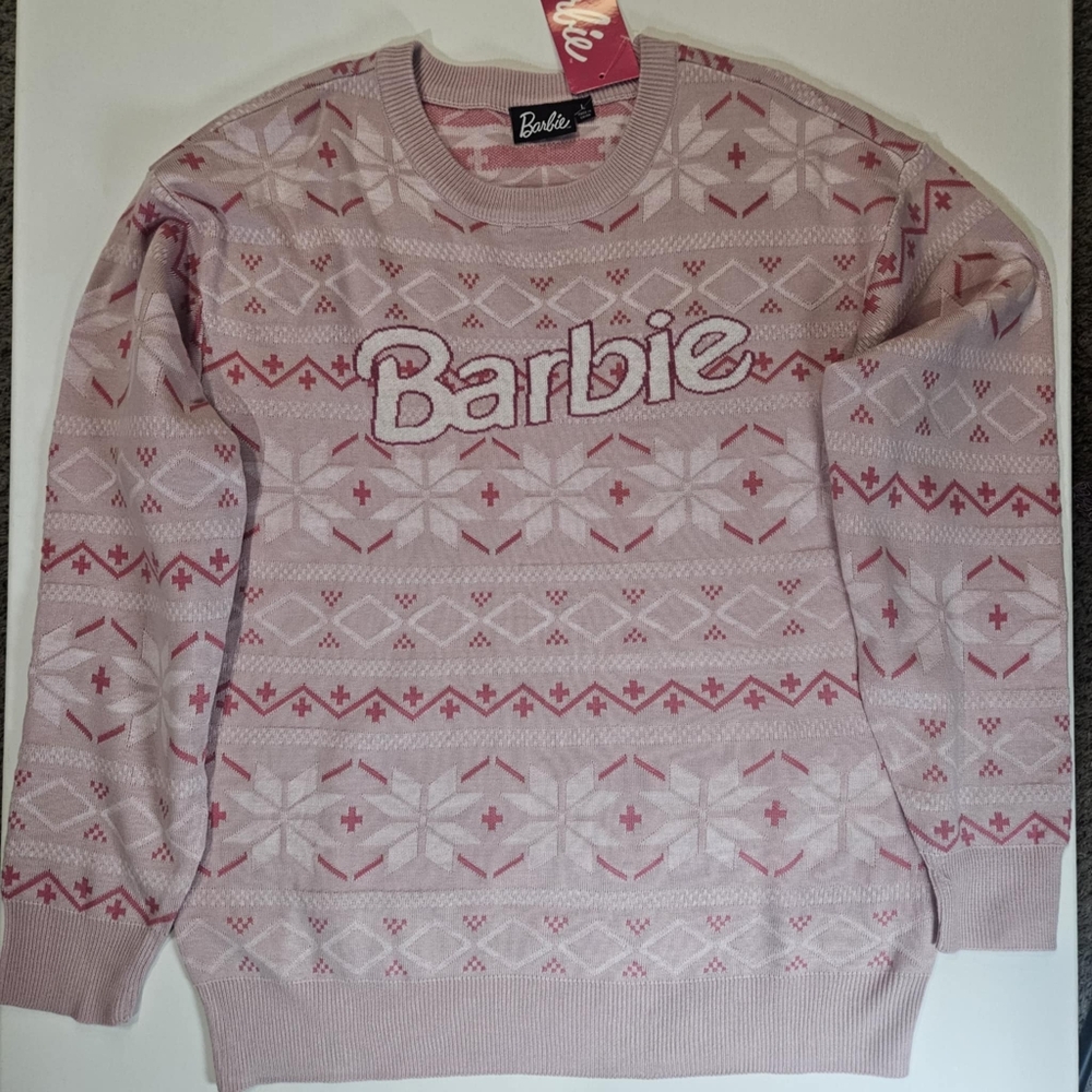Barbie Sweater Womens‎ Large Pink White Geometric Print Barbiecore 90s Retro